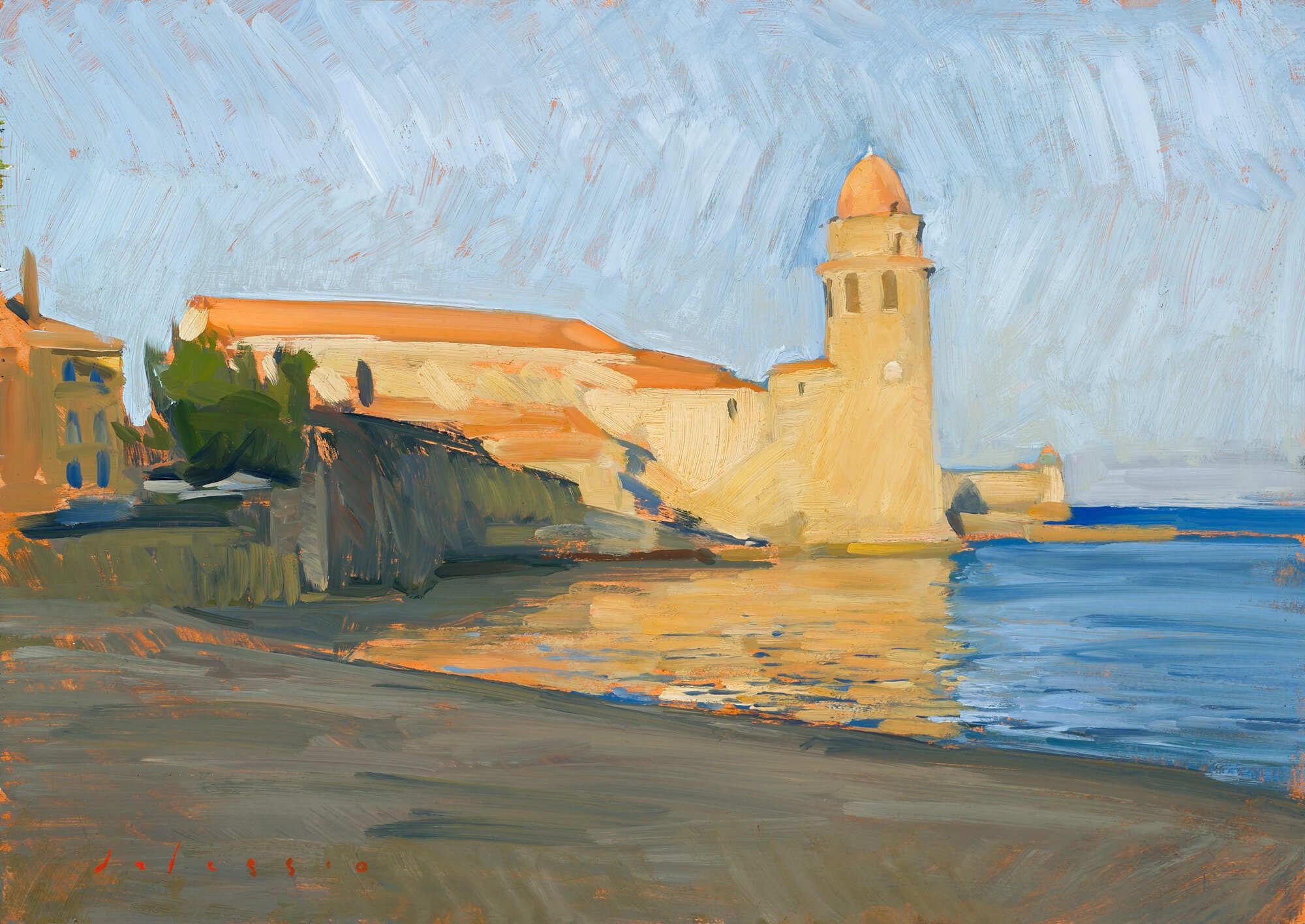 Marc Dalessio Still-Life Painting – "Collioure Sunset", zeitgenössische impressionistische Ansicht einer Kirche in Südfrankreich