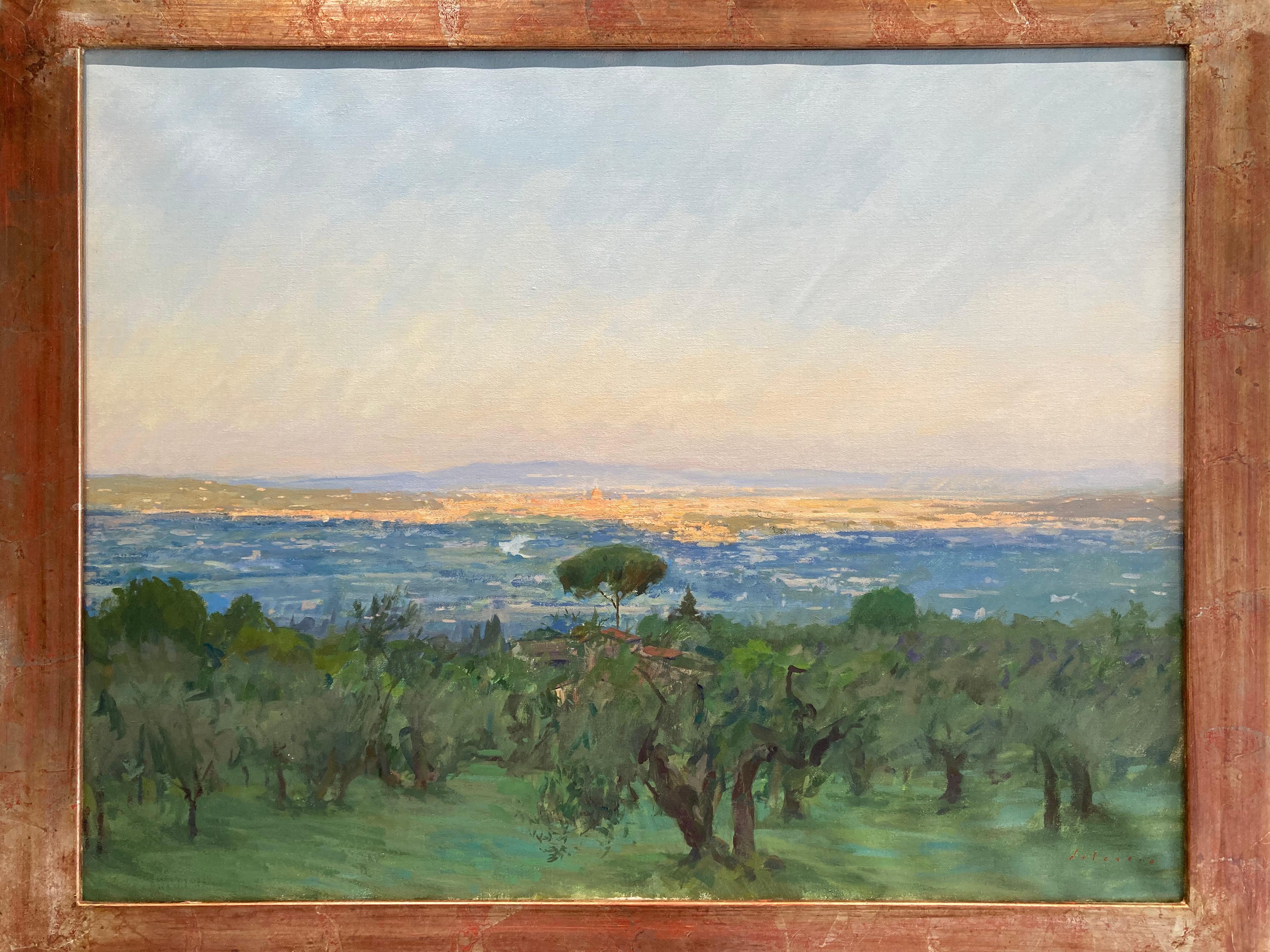 « Dun Light, Florence », peinture à l'huile en plein air de Florence rayonnant au loin - Réalisme américain Painting par Marc Dalessio