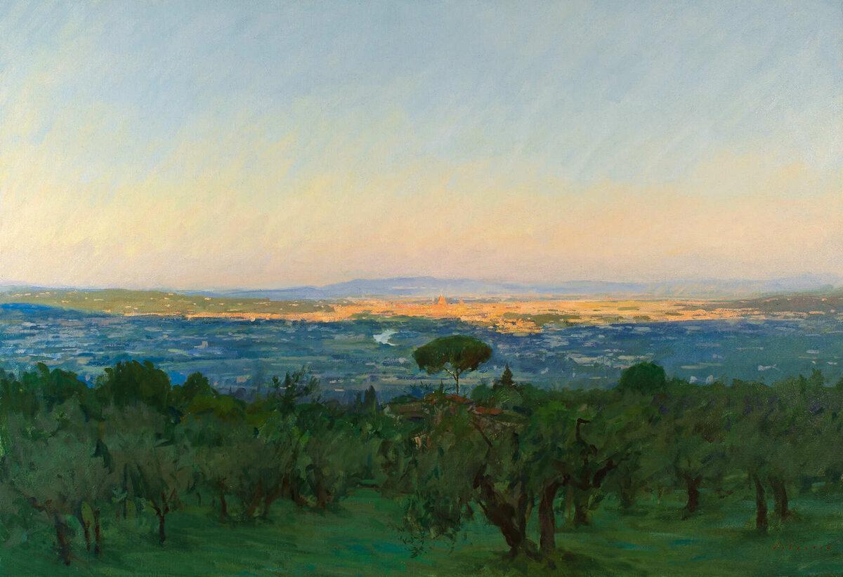 Marc Dalessio Still-Life Painting - "Dawn Light, Florence" plein air oil painting of Florence shining in distance