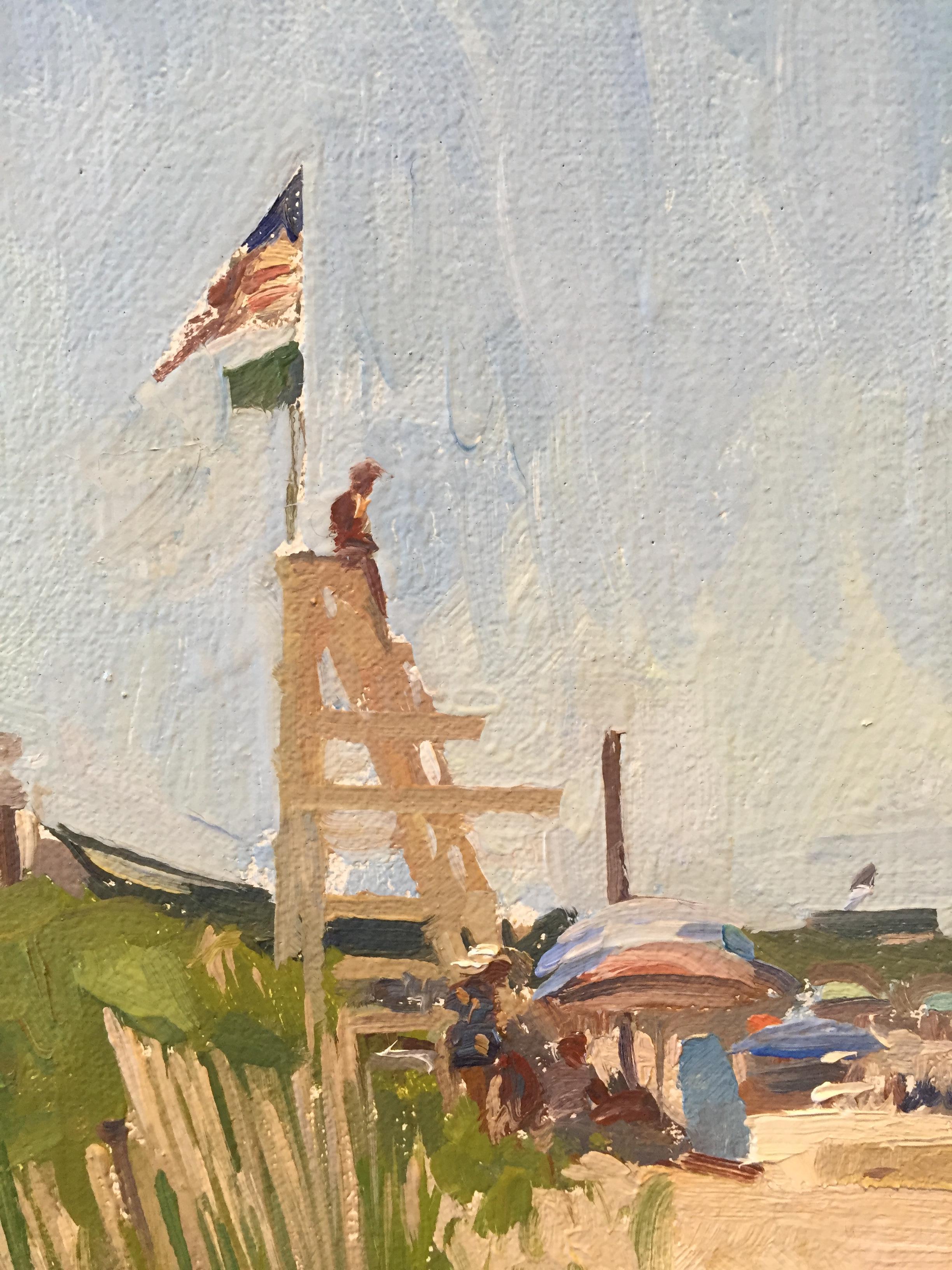 Gemalt en plein air, am Strand (Ditch Plains) in Montauk, New York. Dalessio fängt diesen malerischen und beliebten Strand der Hamptons ein. Im Mittelpunkt des Bildes steht ein Rettungsschwimmerstand. Wo die Dünen im Vordergrund auf den überfüllten