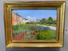 "English Garden in the Rosenborg Castle Gardens" small oil painting, framed