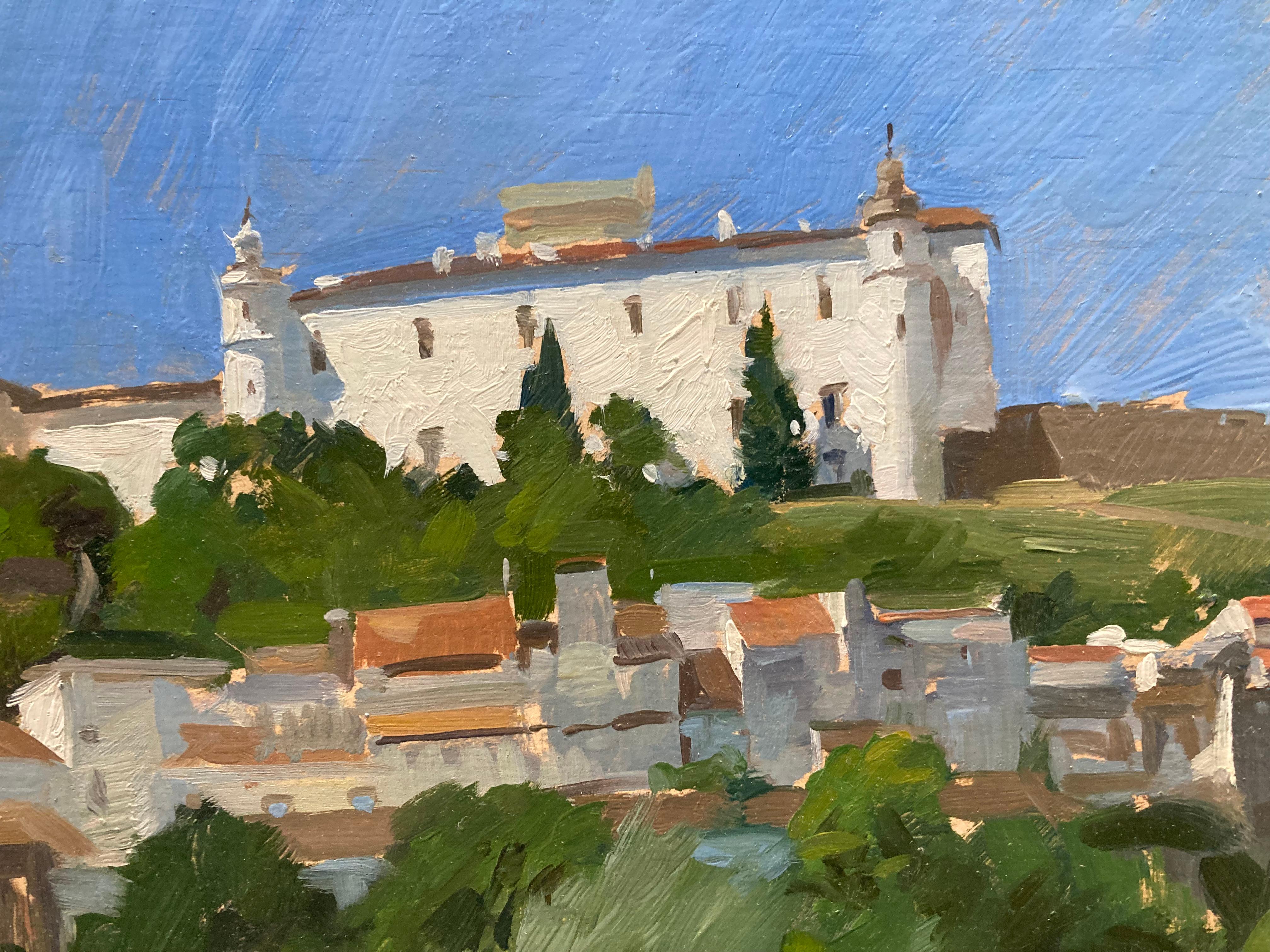 „Estremoz Schloss, Sommer“ leuchtendes Pleinair-Ölgemälde, Landschaft in Portugal (Impressionismus), Painting, von Marc Dalessio