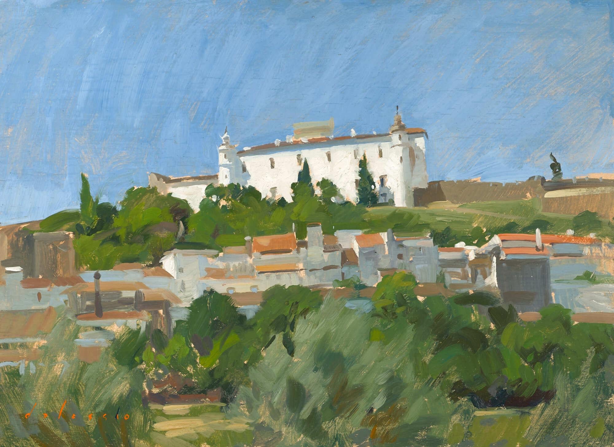 Marc Dalessio Landscape Painting – „Estremoz Schloss, Sommer“ leuchtendes Pleinair-Ölgemälde, Landschaft in Portugal