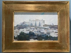 "Estremoz Castle, Winter" snowy view of Portuguese village painted en plein air