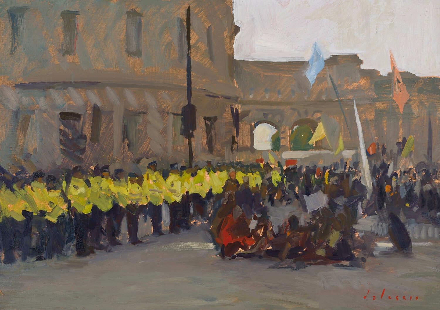 Marc Dalessio Figurative Painting - "Extinction Rebellion Protest, London" impressionist painting of 2019 protest