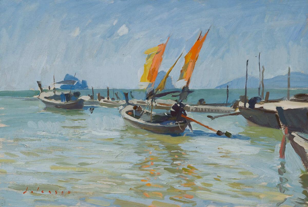 Marc Dalessio Landscape Painting - "Fishing Boats, Koh Yao Noi" plein air oil painting of a harbor in Thailand