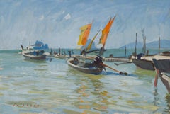"Fishing Boats, Koh Yao Noi" plein air oil painting of a harbor in Thailand