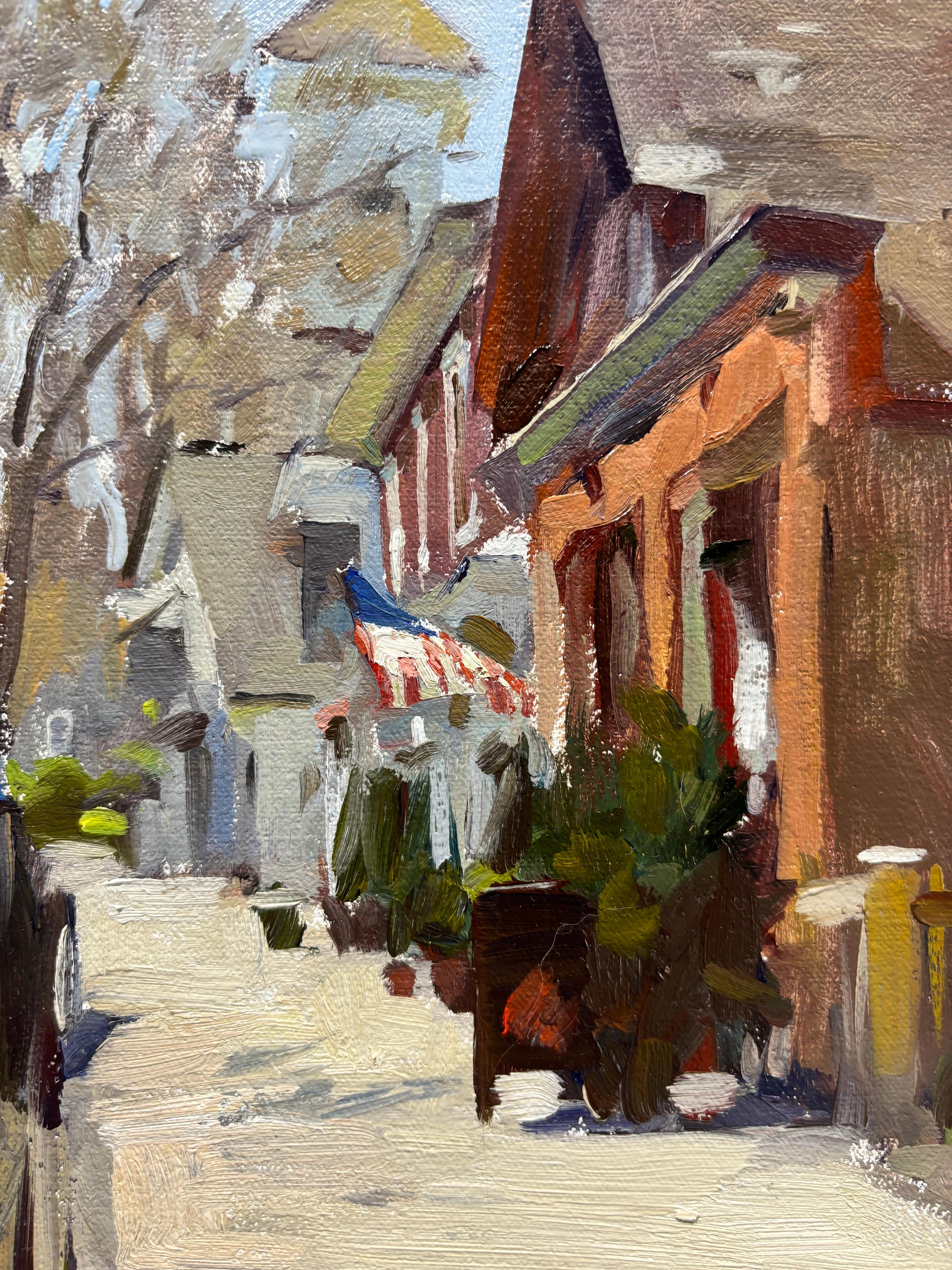 Peinture à l'huile du matin de Sag Harbor, scène de rue des Hamptons, en plein air en vente 2