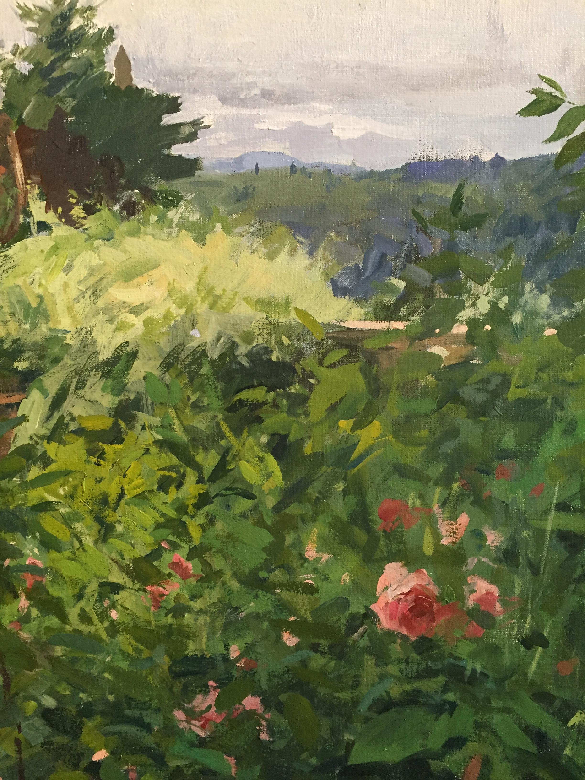 Painted en plein air in the artists back yard in Florence, Italy. Various shades of greens take up planes of this landscape oil painting. A rosebush spotted pink in the foreground, a planter and a statue direct our eye towards the center of the