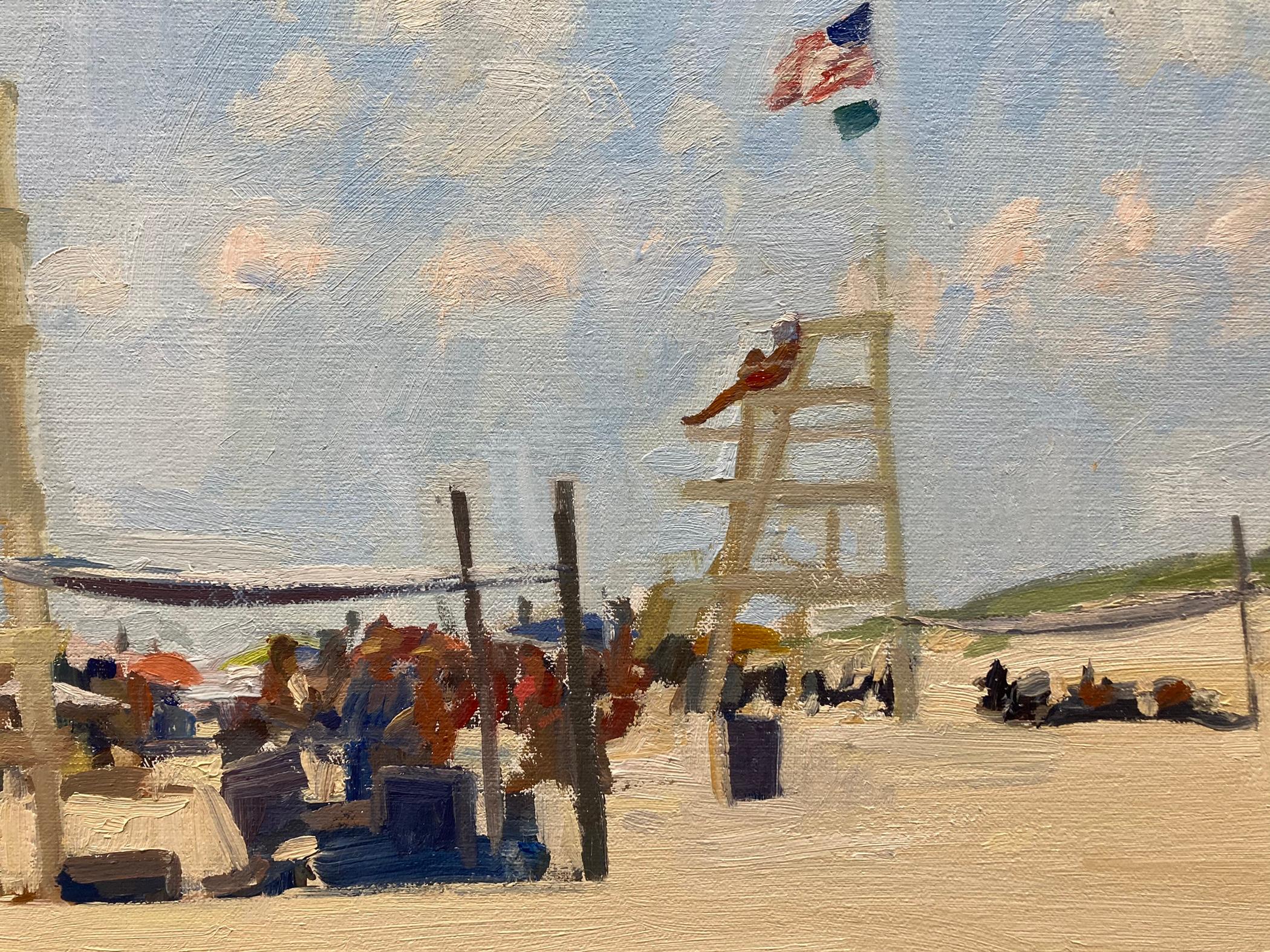 An oil painting, of a bright clear day at a beach. The lifeguards on the lifeguard stands are backlit and the horizon is lined with blue and white umbrellas.

Framed Dimensions: 44.5 x 56.5 inches

Signed by the artist in the bottom right