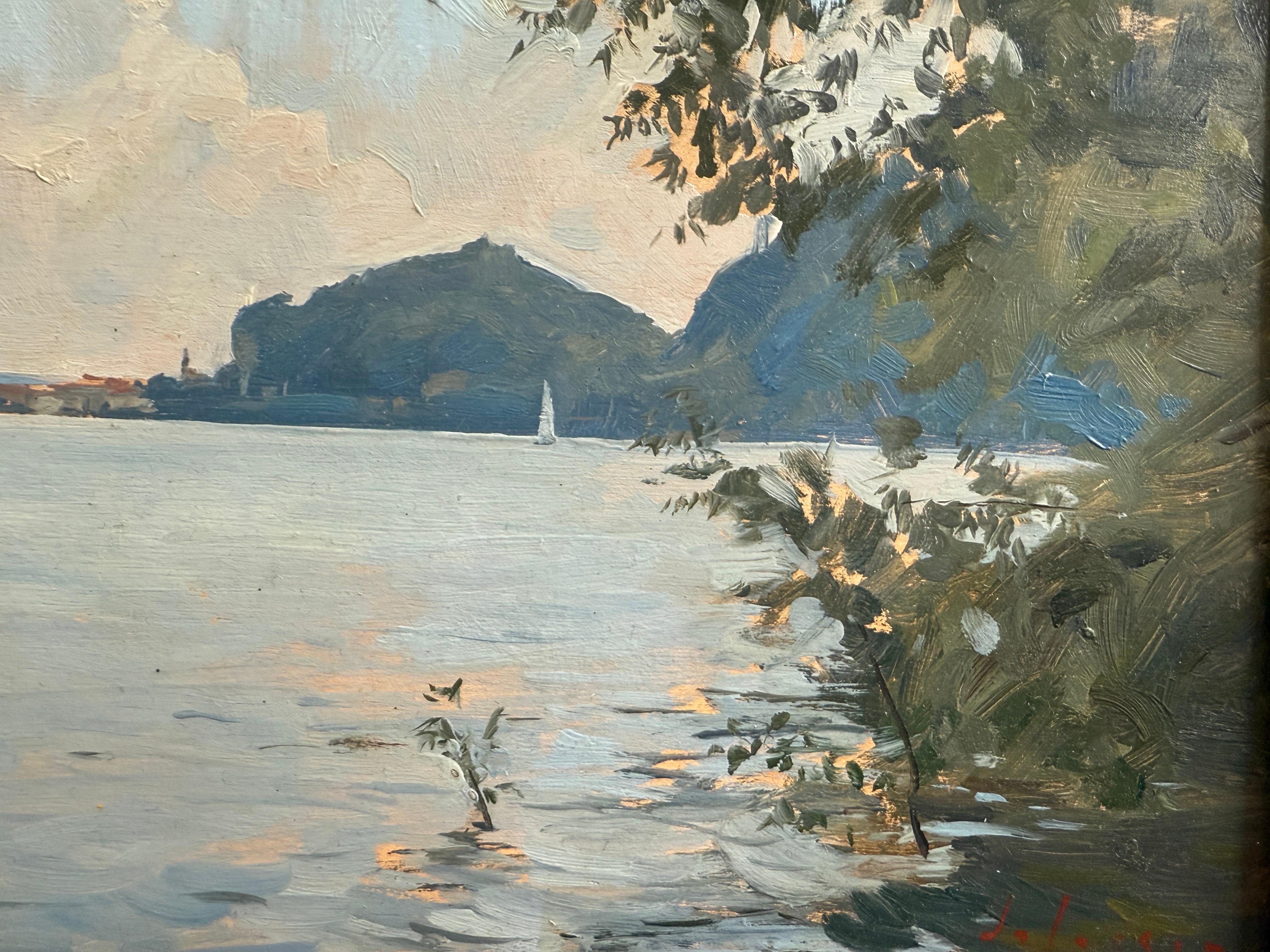 Una pintura plein air del Lago Mayor, alias Verbano, enmarcada por el follaje de la orilla del lago. En el fondo aparecen barcos. Dalessio pinta con maestría las ondas del agua. Un tono azul brillante abarca la mayor parte de la composici�ón.