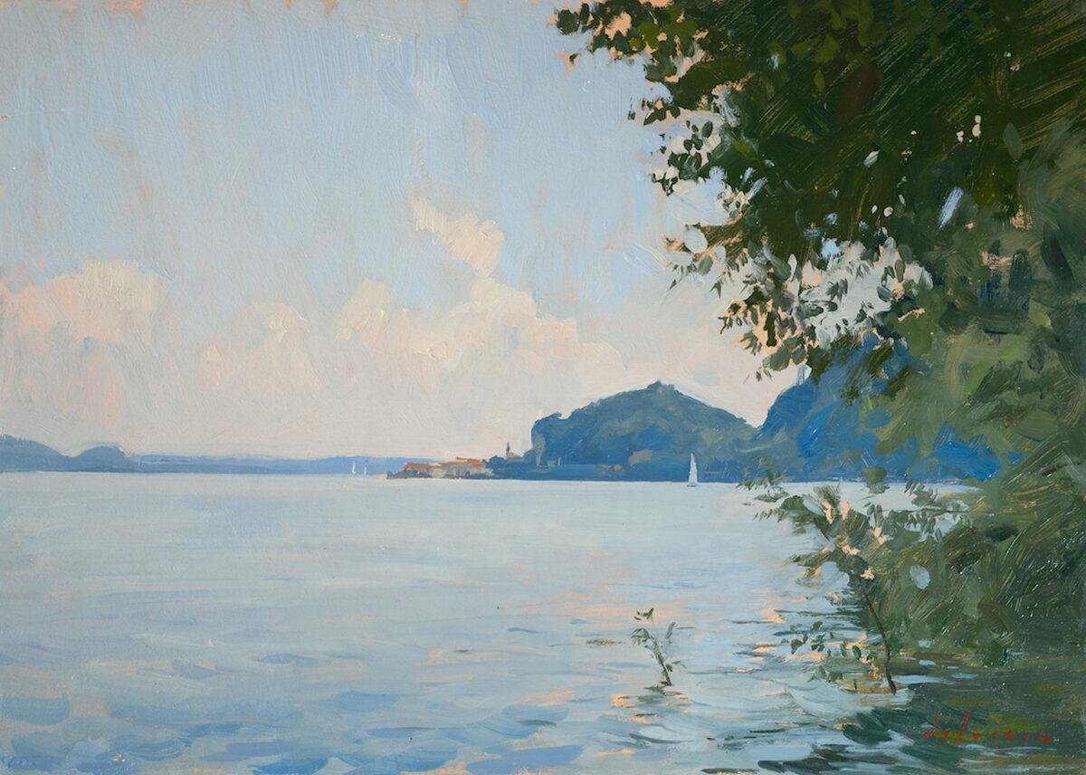 Ölgemälde „Lago Maggiore“, Meereslandschaft in Italien, en plein air – Painting von Marc Dalessio