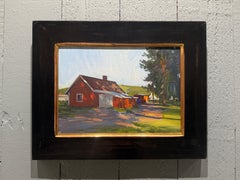 "Last Light, Rattvik" contemporary plein air oil painting of red barn in Sweden