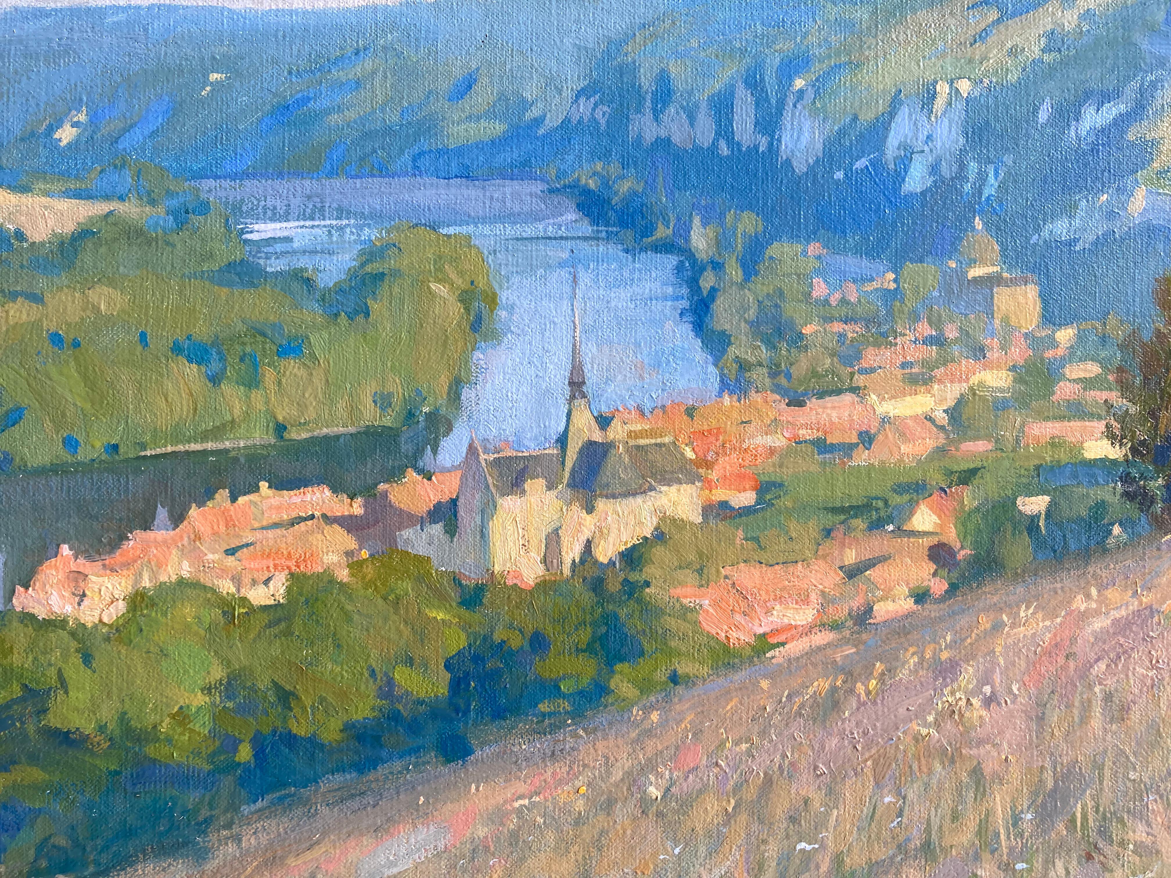 « Les Andelys at Dawn » vue d'un village français depuis un sommet, peint en plein air en vente 3