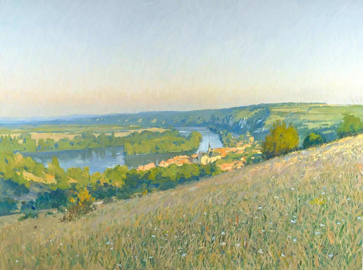 Marc Dalessio Still-Life Painting - "Les Andelys at Dawn" view of French village from hilltop, painted en plein air