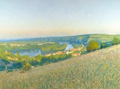 "Les Andelys at Dawn" view of French village from hilltop, painted en plein air