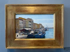 Quadro a olio "Les Copains d'Abord", barche attraccate lungo il porto francese, incorniciato