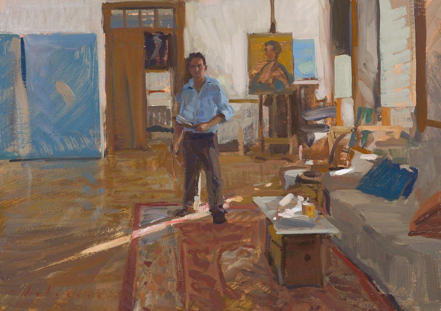 Figurative Painting Marc Dalessio - "Lockdown Self-Portrait" portrait réaliste contemporain de l'artiste dans son studio.