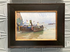 "Longtail Boats, Thailand" neo-impressionist plein air oil painting of boats