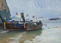 « Longtail Boats, Thailand », peinture à l'huile néo-impressionniste en plein air de bateaux