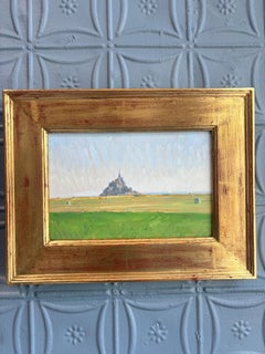"Mont-Saint-Michel" oil painting, French meadow and castle, plein air, framed