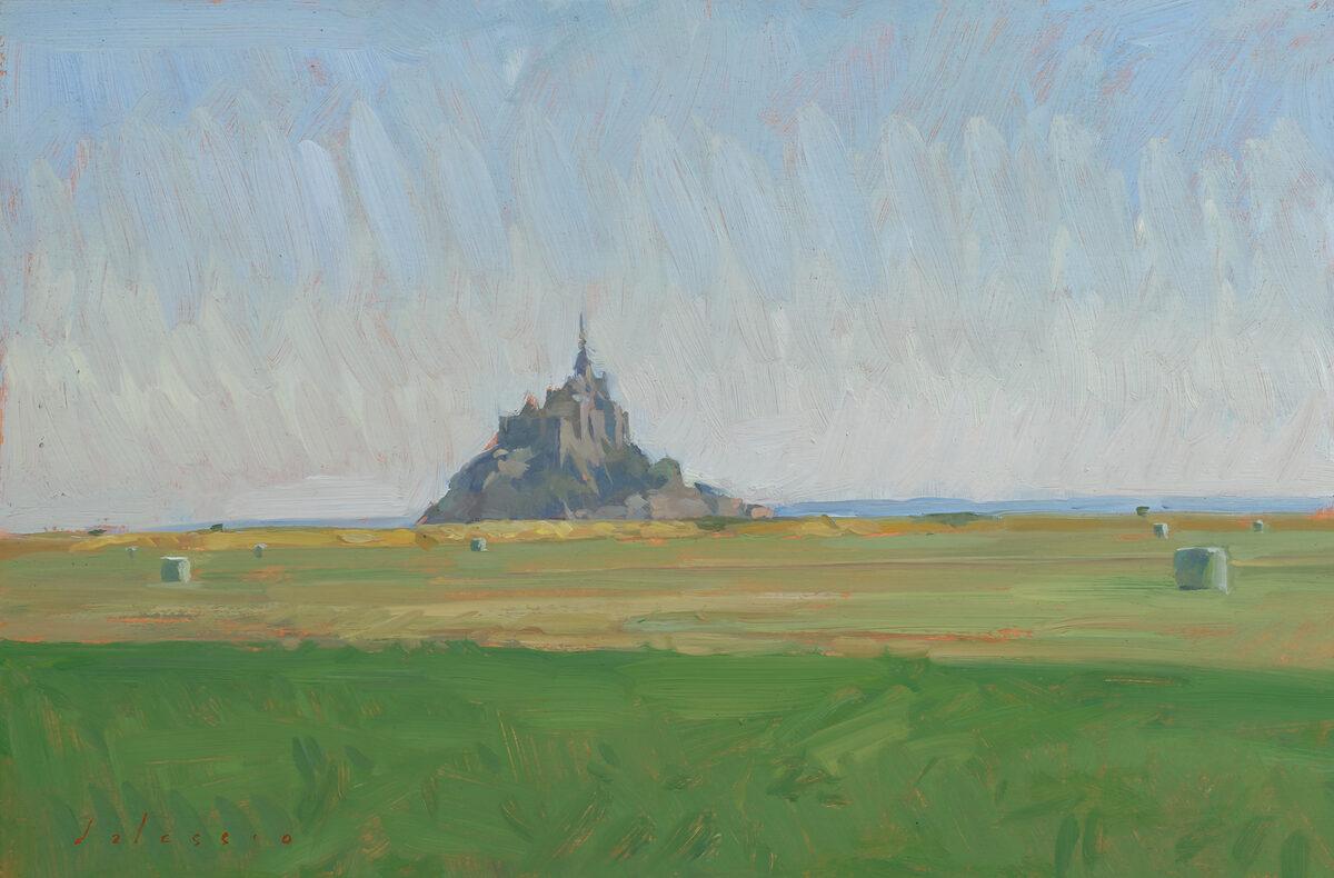 "Mont-Saint-Michel" oil painting, French meadow and castle, plein air, framed