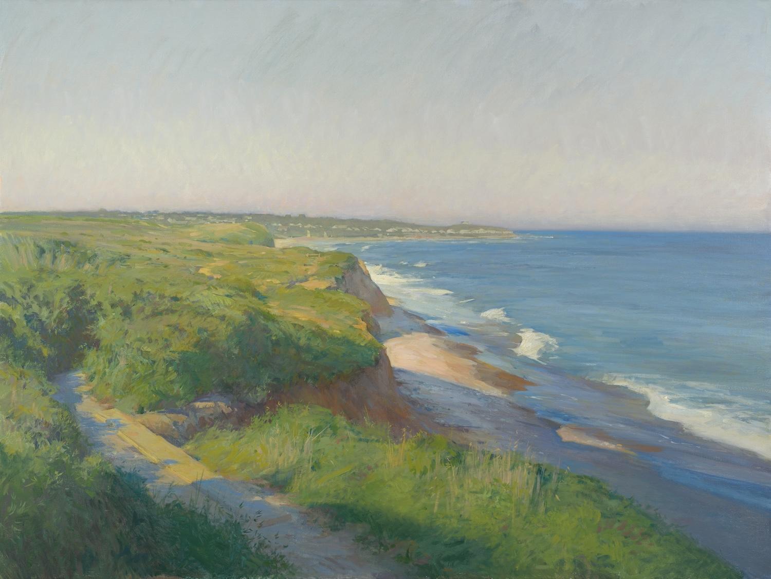 "Montauk Afternoon" oil painting of Hamptons Coastline, trails in the sand dunes