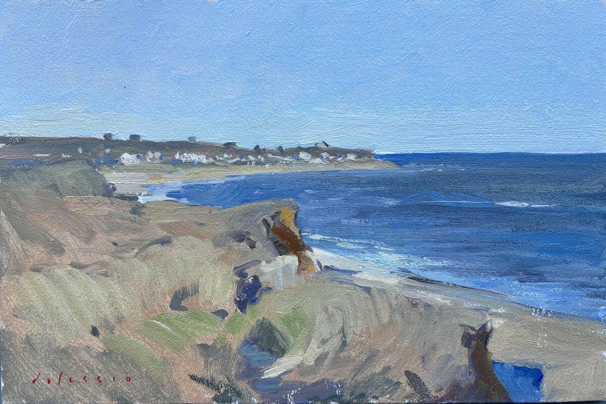 "Montauk Cliffs in Spring" pintura impresionista al aire libre de una playa junto a un acantilado