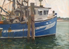 "Montauk Fishing Boat" peinture à l'huile contemporaine réaliste bleu vert en plein air