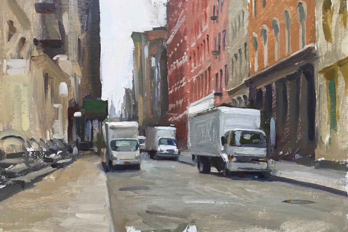 "Morning Deliveries, Soho" NYC street scene painted en plein air