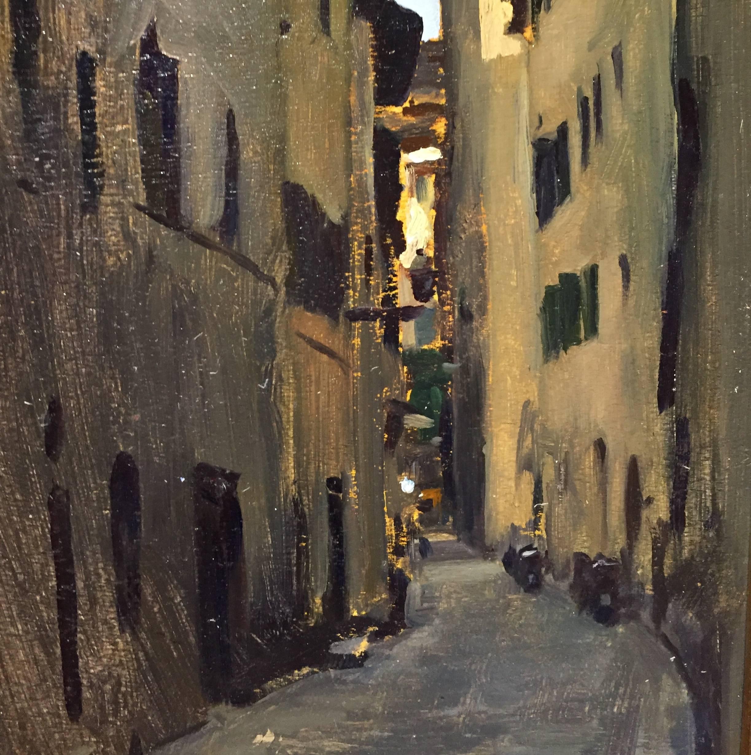 Peinture impressionniste en plein air de la rue toscane d'Oltrarno, Florence, Italie - Marron Still-Life Painting par Marc Dalessio