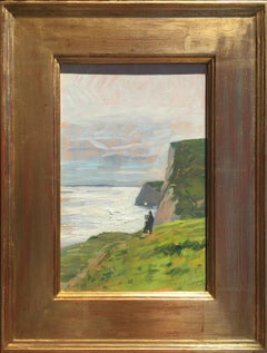 "Pintor en la Costa Jurásica" óleo de figura pintando junto a un acantilado