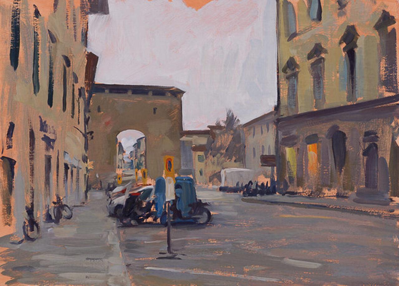 Marc Dalessio Landscape Painting – „Porta San Frediano“ ruhige Straßenszene, gemalt en plein air in Florenz, Italien