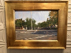 "Sag Harbor Crosswalk" oil painting of small village, flag pole, street lines
