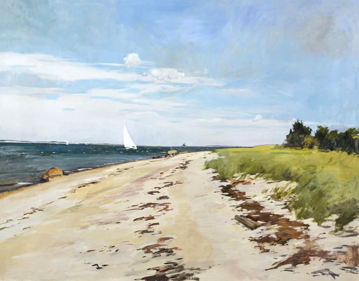 "Vela, Shelter Island" Quadro di paesaggio marino, olio su tela, 31,5x39,5 pollici con cornice