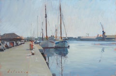 "Veleros de Saint-Malo" pintura al óleo en la histórica ciudad portuaria francesa, pareja de barcos