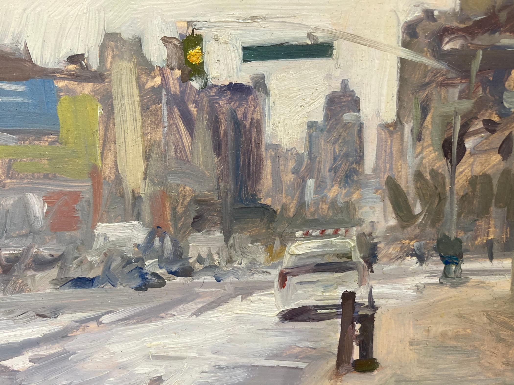 Dieses Gemälde von Marc Dalessio zeigt das schöne Chaos von New York an einem verschneiten Tag mit Salz auf dem Boden. Irgendwie gelingt es Dalessio, selbst New York ruhig aussehen zu lassen und Bewegung nur durch Pinselstriche im Hintergrund zu