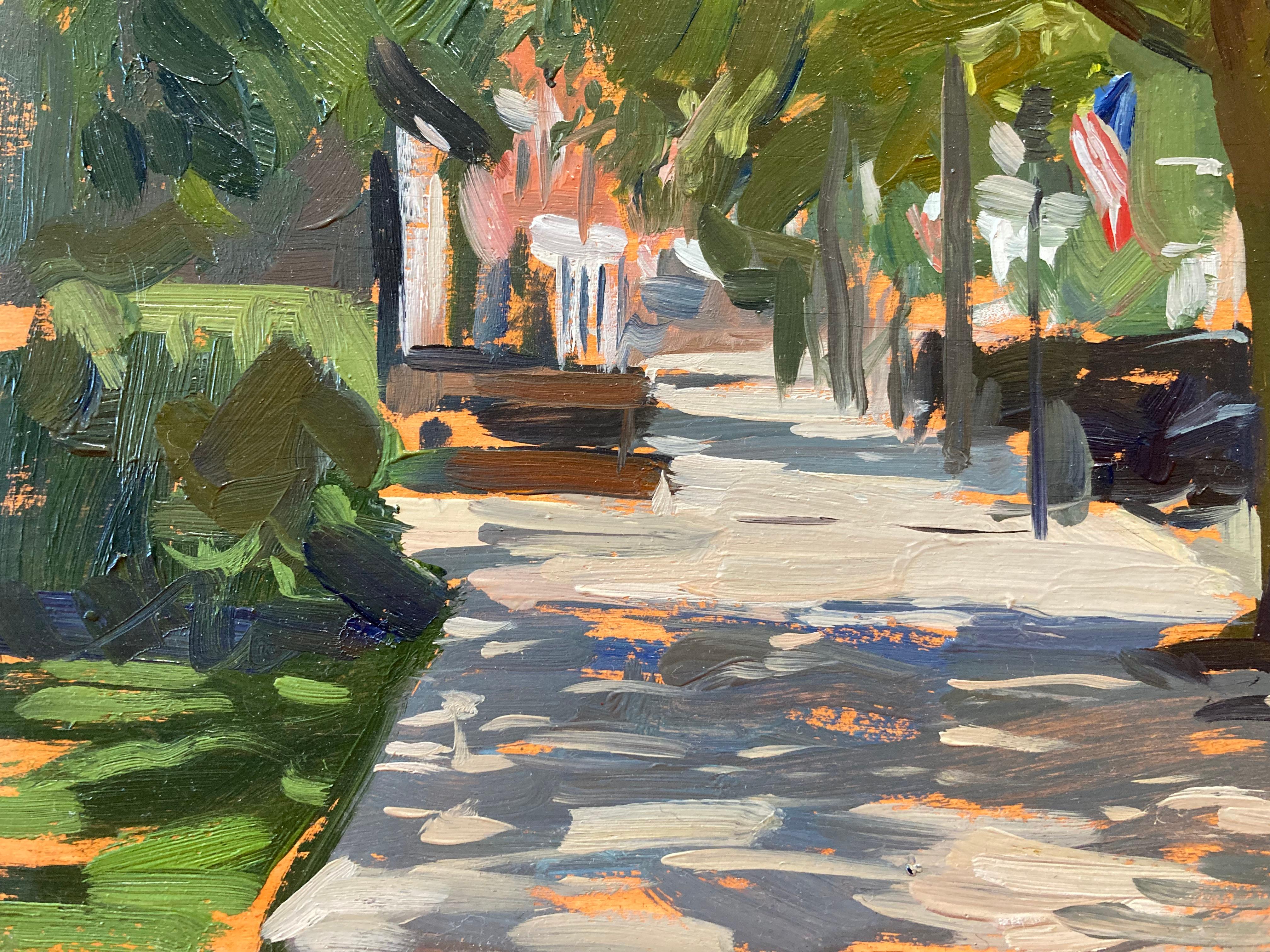 „Shady Day, Sag Harbor“, impressionistisches Ölgemälde eines Sommertages, en plein air im Angebot 5