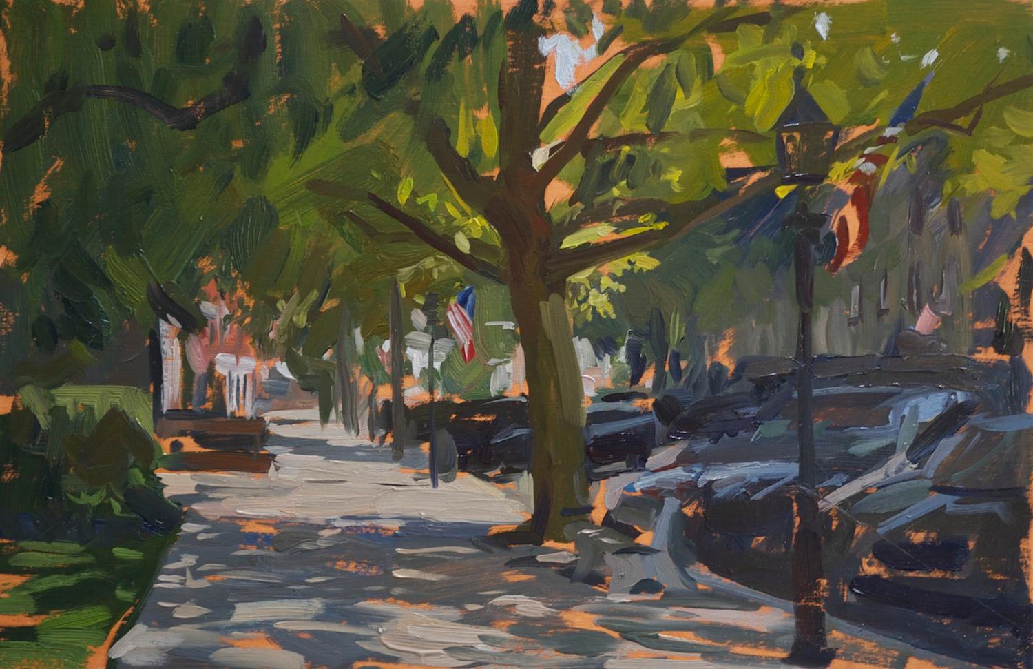 Marc Dalessio Still-Life Painting – „Shady Day, Sag Harbor“, impressionistisches Ölgemälde eines Sommertages, en plein air