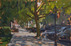 "Shady Day, Sag Harbor" peinture à l'huile impressionniste d'une journée d'été, en plein air