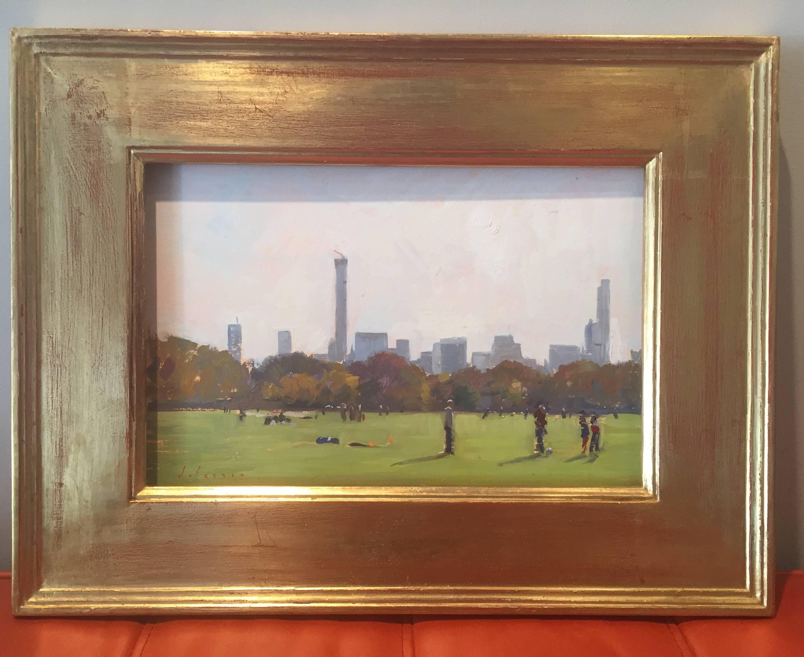 Soccer Players in Central Park - NYC skyline looking Downtown - en plein air - American Impressionist Painting by Marc Dalessio