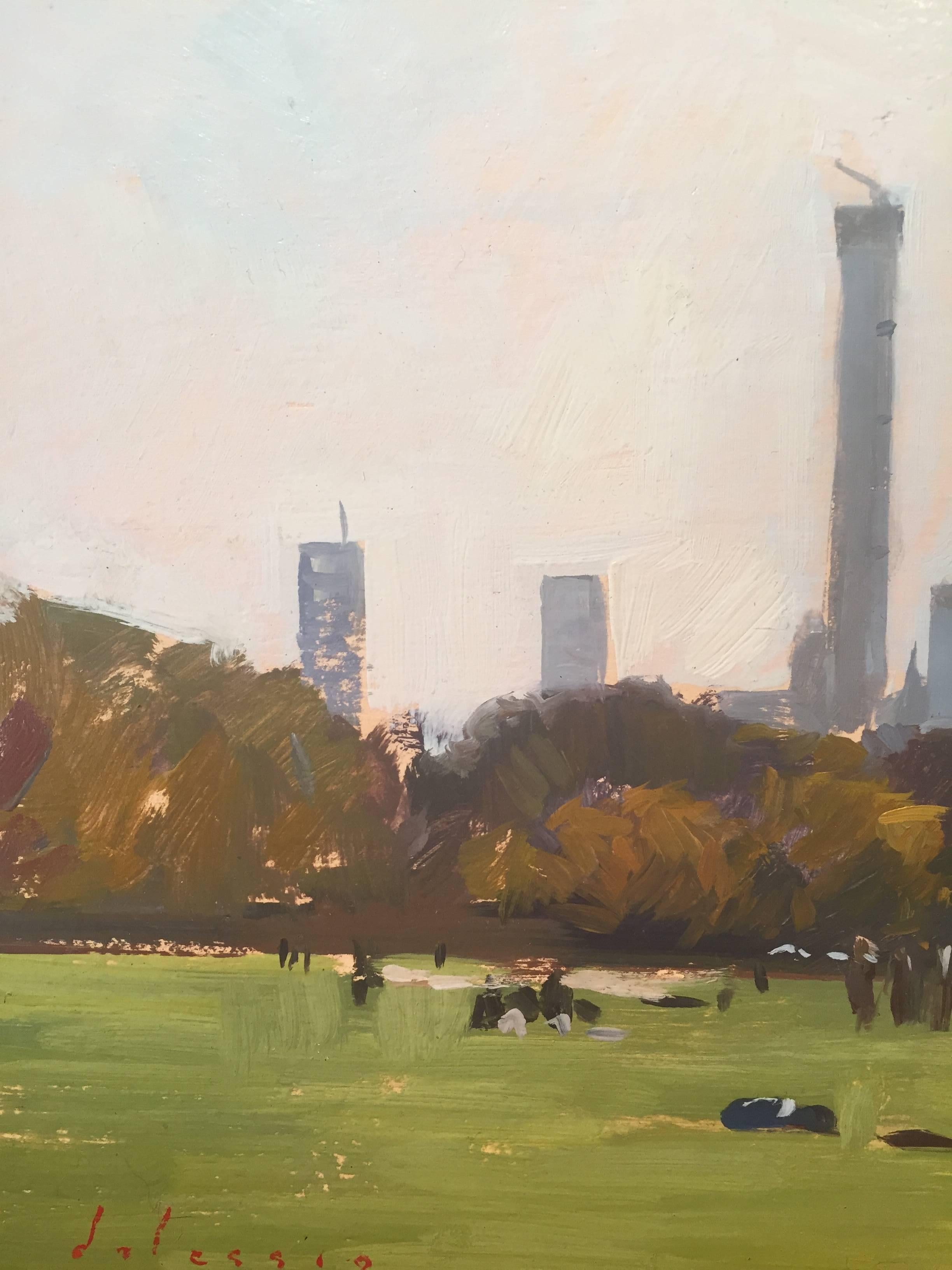 Soccer Players in Central Park - NYC skyline looking Downtown - en plein air For Sale 1