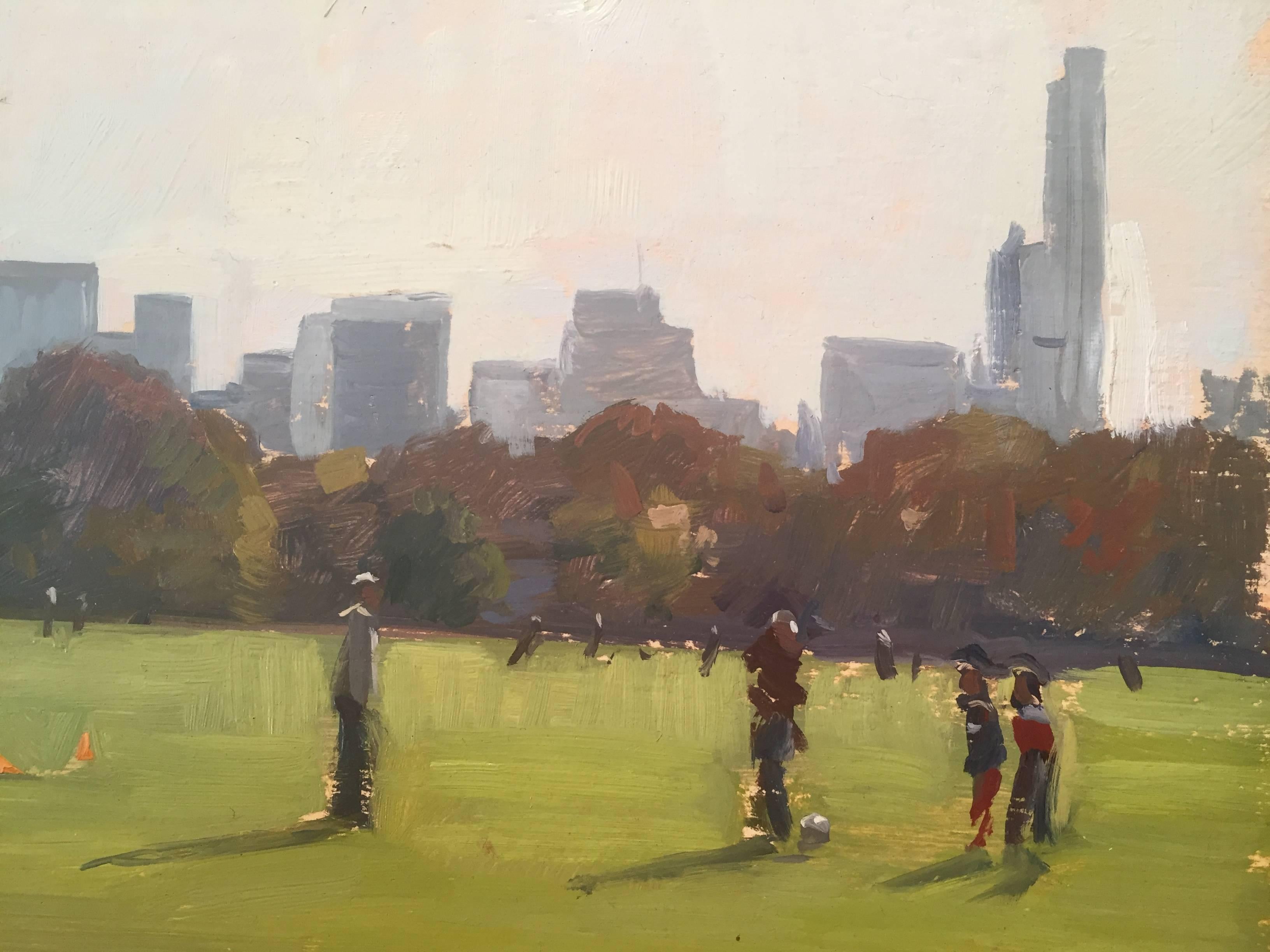 Soccer Players in Central Park - NYC skyline looking Downtown - en plein air For Sale 4