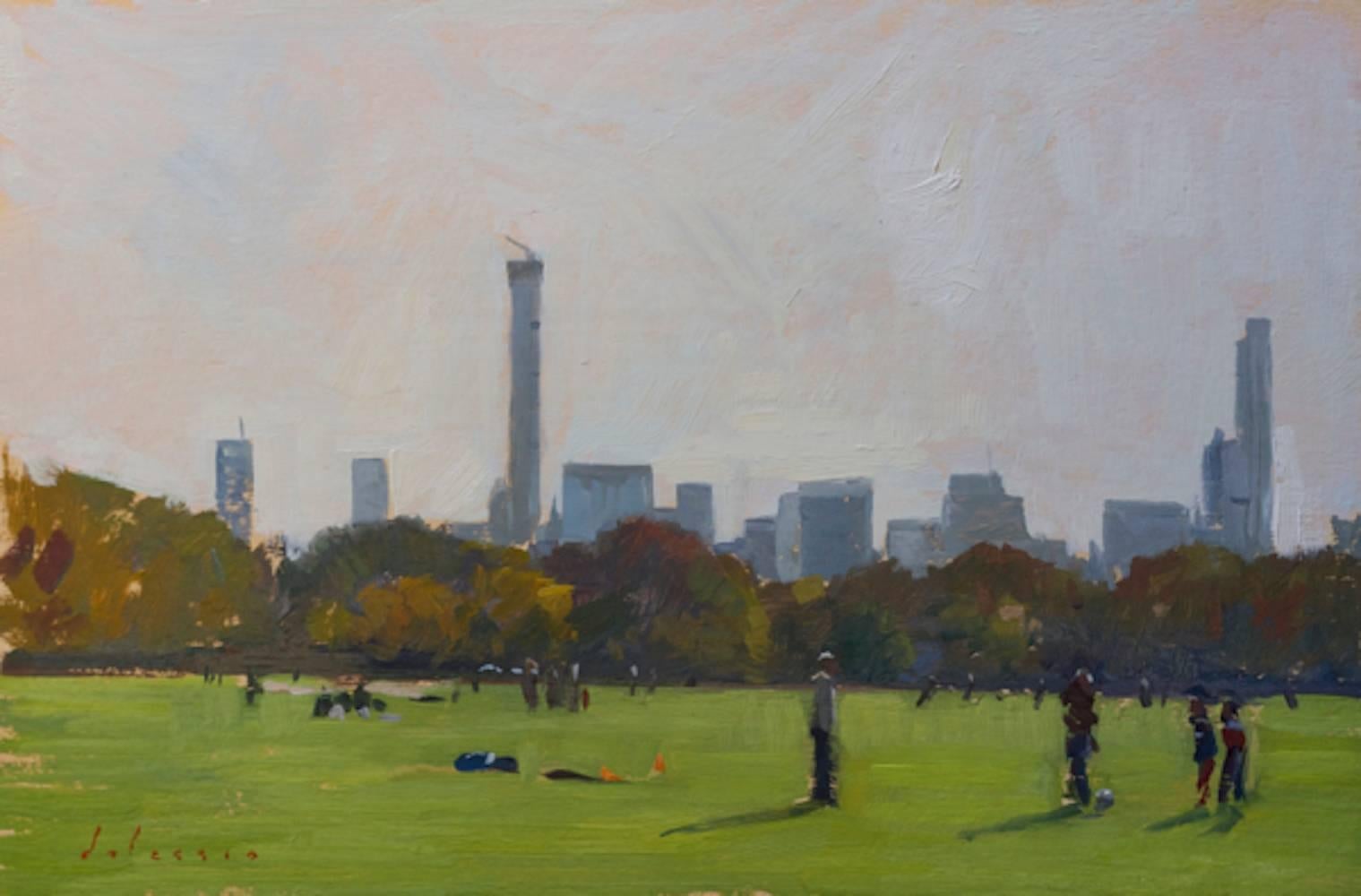 Marc Dalessio Figurative Painting - Soccer Players in Central Park - NYC skyline looking Downtown - en plein air