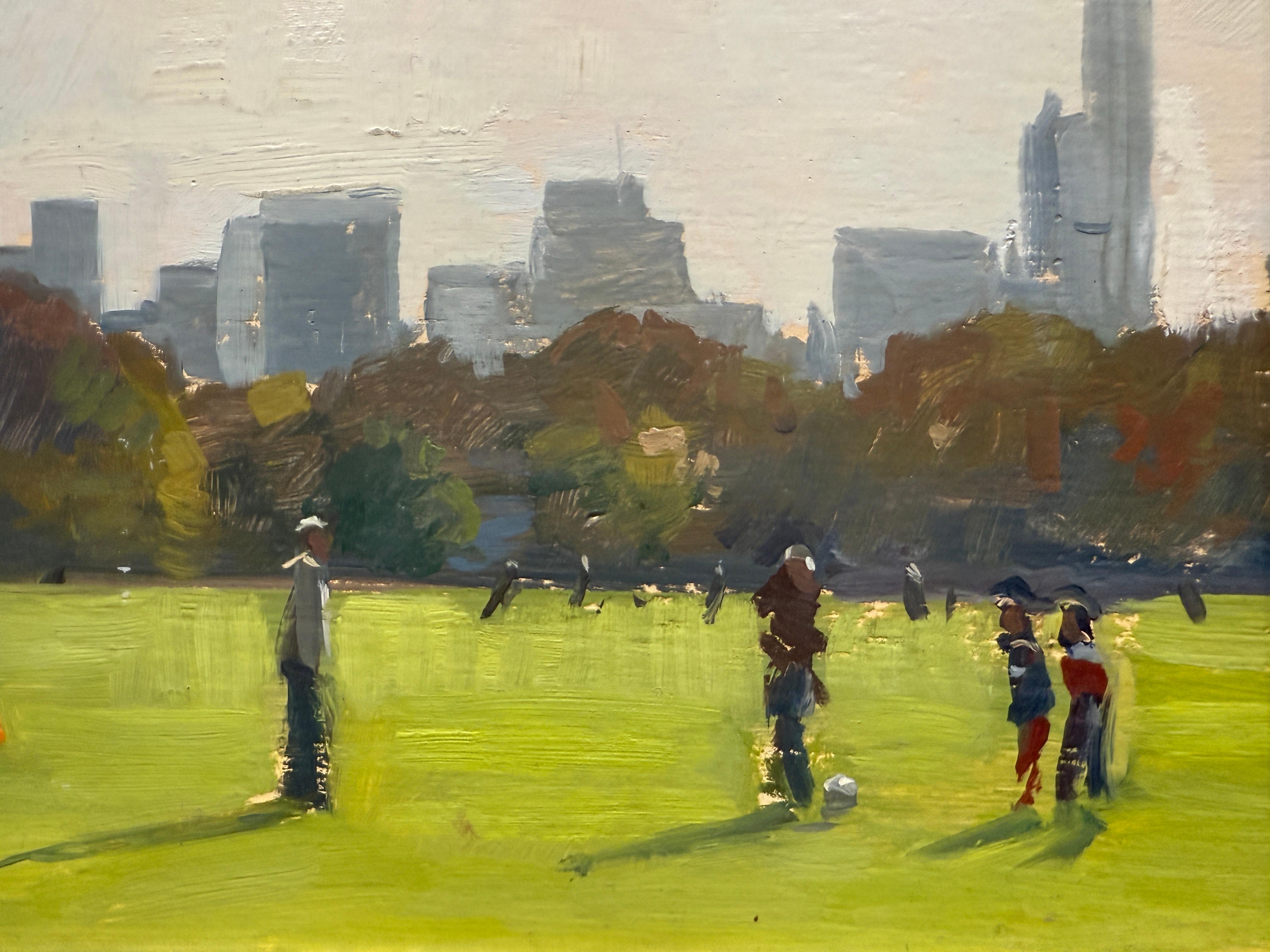 Painted en plein air in Central Park, in New York City. A large grassy field painted with a bright green, meets a tree lined horizon in autumnal colors. The skyline stands against a lavender sky. Figures scattered throughout the green expanse,