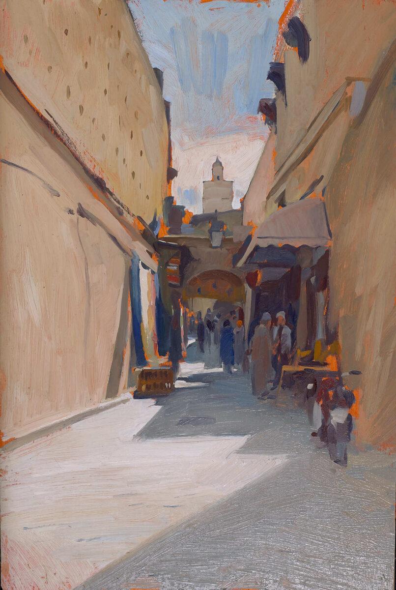 „Street in Fez“ Pleinair-Ölgemälde einer Straßenschung in Marokko, plein air 