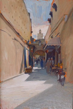 "Street in Fez" plein air oil painting of a street scene in Morocco 