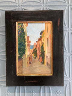 "Scena di strada, Collioure" dipinto a olio - plein air colorato di una città in Francia