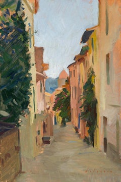"Escena callejera, Collioure" pintura al óleo - colorido plein air de ciudad en Francia