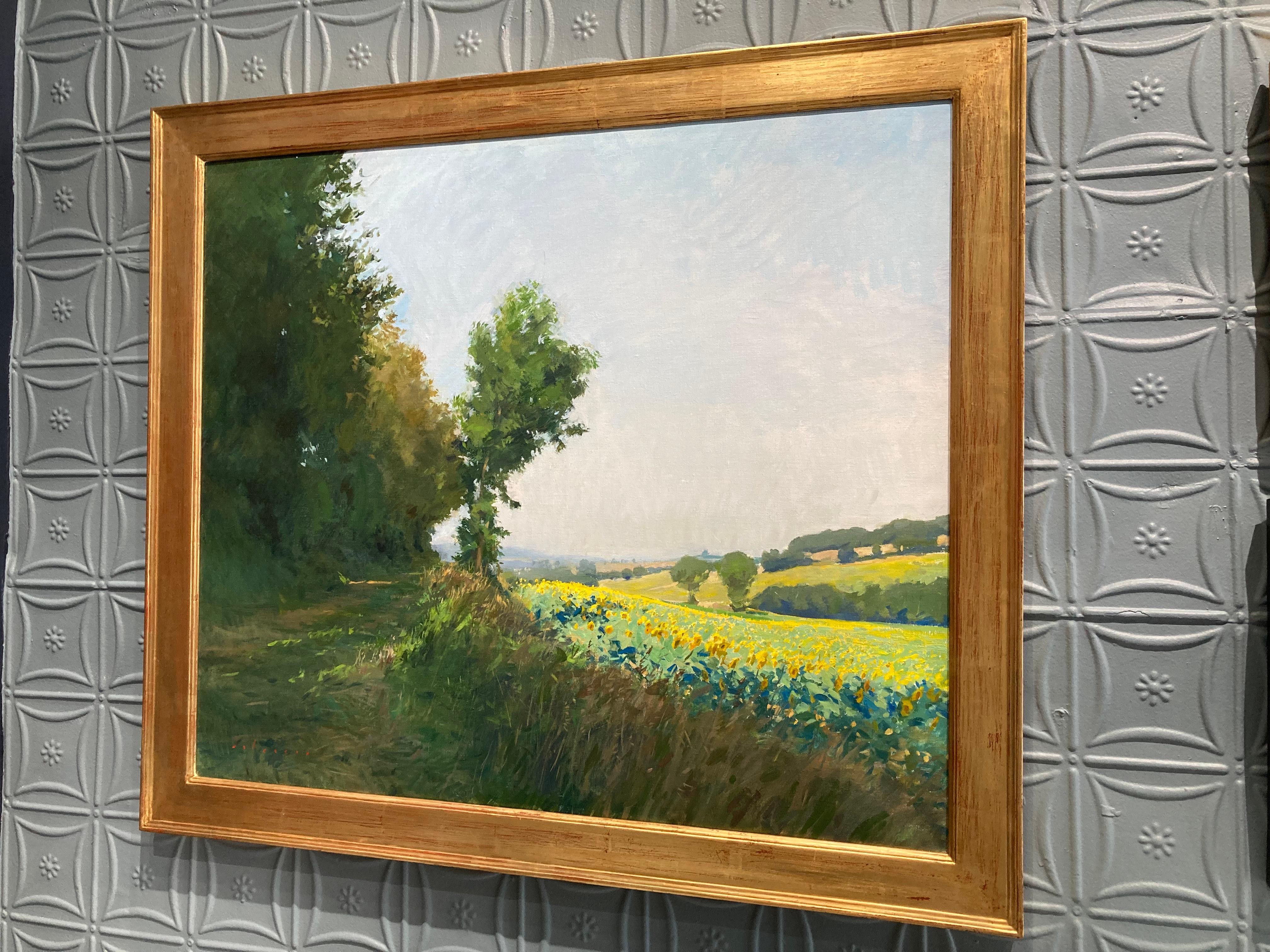 « Tournesols près de Jegun », peinture à l'huile de champ en France, vert, jaune 6